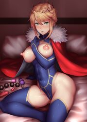 1girls ahoge anal_beads artoria_pendragon artoria_pendragon_(lancer) blonde_hair blue_legwear blush braid breastless_clothes breasts cameltoe cape crown fate/grand_order fate_(series) female green_eyes highres kageshio_(276006) large_breasts leotard long_hair looking_at_viewer open_clothes red_cape sex_toy solo thighhighs vibrator