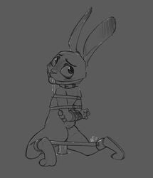 2017 alec8ter anthro arms_behind_back arms_tied ass ball_gag black_and_white blush bondage bound collar dildo dildo_sitting dipstick_ears disney drooling english_text female flat_chest flat_chested gag gagged grey_background hands_behind_back hi_res judy_hopps kneeling lagomorph looking_at_viewer looking_back mammal monochrome nude penetration pussy_juice rabbit rear_view saliva sex_toy simple_background solo spreader_bar text vaginal_penetration zootopia