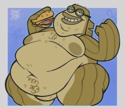 1boy anthro belly big_belly bubble_bass burger chest_hair fat fat_belly fish glasses green_skin krabby_patty large_belly looking_at_viewer male male_only moobs morbidly_obese morbidly_obese_male nude nude_male obese obese_male omeome overweight overweight_male smile solo solo_male spongebob_squarepants