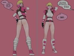 3d 3d_(artwork) annoyed_expression ass blonde_hair boots bottomless bottomless_female casual clothing comic comic_panel confused female footwear fortnite gwen_poole gwenpool gwenpool_(fortnite) hand_on_butt human looking_at_ass looking_at_self looking_back marvel marvel_comics offscreen_character pale_skin pink_hair speech_bubble vagina x_redeyes