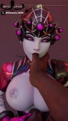 3d amelie_lacroix big_breasts dark-skinned_male dark_skin gino_cano_(artist) overwatch pink_eyes sucking_thumb tagme visor widowmaker