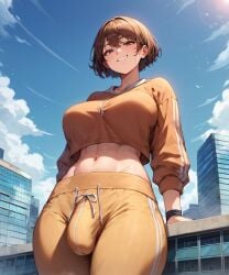 1futa ai_generated big_bulge brown_hair bulge bulge_through_clothing city crop_top erect_penis erection erection_under_clothes futa_only futa_sans_pussy futanari giant_cock giantess looking_at_viewer muscular muscular_futanari short_hair six_pack smirk smirking smirking_at_viewer spalela sweatpants tracksuit