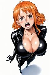 ai_generated alluring big_breasts blush bodysuit breasts brown_eyes female female_only latex latex_bodysuit latex_clothing latex_suit looking_at_viewer nami nami_(one_piece) one_piece orange_hair seducing seduction seductive seductive_body seductive_eyes seductive_gaze seductive_look seductive_mouth seductive_pose seductive_smile shiny_hair shiny_skin shiny_suit skin_tight voluptuous voluptuous_female yashin zipper zipper_pull_tab