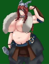 2d belly big_breasts blue_eyes clothing fat flexing genderswap_(mtf) hammer helmet legaco muscles muscular_female mythology norse_mythology norse_runes norse_woman pubic_hair red_hair rule_63 scars showing_breasts smile thor_(mythology)