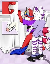 anal anal_sex balls bathroom canine cum cum_inside cumshot ejaculation erection feline feline foreskin fox fur mammal orgasm partially_retracted_foreskin penetration penis public_restroom purple_eyes purple_fur red_fur uncut urinal white_fur winterfox