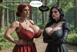 3d ai_generated comic comic_panel fantasy futa_on_female futanari highres huge_breasts milf panels proxyaiart text text_bubble the_witcher_(series) the_witcher_3:_wild_hunt thick_ass thick_thighs triss_merigold voluptuous yennefer yennefer_of_vengerberg