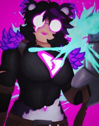 breasts crushing_object dark-skinned_female dark_skin fortnite glasses hoodless_raven_team_leader looking_at_viewer looking_down raven_team_leader ripped_clothing