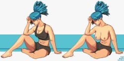 1girls big_breasts blue_background blue_hair breasts breasts_out closed_eyes female hanging_breasts king_of_fighters leona_heidern nipples pixel pixel_(artwork) pixel_art pixelated shorts sitting sitting_down sitting_on_floor striped_background white_background