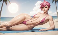 1girls abs ai_generated beach covered_nipples female female_only league_of_legends light-skinned_female light_skin looking_at_viewer on_side pink_hair queensphynx riot_games sand shiny_skin sling_bikini slingshot_swimsuit smirk solo sun sweat vi vi_(league_of_legends)