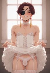 1boy 1femboy ai_generated blush bridal_lingerie bride brown_hair bulge cowboy_shot crossdressing day daytime detached_collar dress dress_flower dress_lift earrings eyepatch femboy flower_ornament frilled_dress frills garter_straps girdle half-closed_eyes happy hayato_suo lifted_by_self looking_at_viewer male male_bride male_focus male_only panties penis_in_panties red_earrings red_eyes red_jewel room see-through see-through_panties short_hair smile solo strapless strapless_dress suo_hayato tassel tassel_earrings teeth thighhighs trap twink underwear wedding_dress wedding_lingerie white_collar white_dress wind_breaker windbreaker window yaoi yellow_tassel