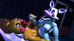 2girls 3d 3d_(artwork) disboi215 five_nights_at_freddy's five_nights_at_freddy's_2 mangle_(fnaf) toy_chica_(fnaf) tribadism yuri