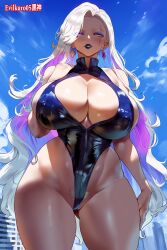 ai_generated evil_smile evilkuro05 highleg_leotard inner_hair massive_breasts ocean purple_eyes scar_across_eye thick_hips thick_legs thick_thighs very_long_hair voluptuous_female white_hair wide_hips