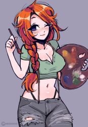 blush cleavage clothing freckles ginger ginger_hair leah_(stardew_valley) long_hair medium_hair megrocks orange_hair purple_eyes stardew_valley visible_nipples