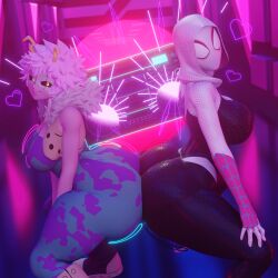 2girls 3d 3d_(artwork) ass ass_focus ass_to_ass big_ass big_breasts black_sclera bottom_heavy breasts bubble_butt clothing crossover dat_ass eastern_and_western_character fat_ass female female_only gold_boombox_(prevence) gwen_stacy hero_outfit_(mha) huge_ass kiro93591529 large_ass looking_at_viewer marvel marvel_comics mina_ashido my_hero_academia neon_lights pink_hair pink_skin png smile spider-gwen spider-man_(series) superhero superhero_costume superheroine thick_ass thick_thighs twerk_hypnosis twerking wide_hips