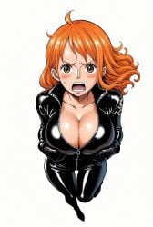 ai_generated alluring big_breasts blush bodysuit breasts brown_eyes female female_only latex latex_bodysuit latex_clothing latex_suit looking_at_viewer nami nami_(one_piece) one_piece orange_hair seducing seduction seductive seductive_body seductive_eyes seductive_gaze seductive_look seductive_mouth seductive_pose seductive_smile shiny_hair shiny_skin shiny_suit skin_tight voluptuous voluptuous_female yashin zipper zipper_pull_tab