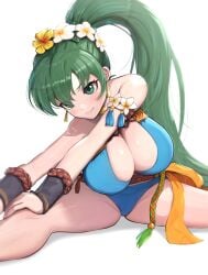 absurdres bare_shoulders bikini blue_bikini blush bracelet breasts cleavage collarbone fire_emblem fire_emblem:_the_blazing_blade fire_emblem_heroes flower gonzarez green_eyes green_hair hair_between_eyes hair_flower hair_ornament highres jewelry large_breasts long_hair lyn_(fire_emblem) lyn_(summer)_(fire_emblem) official_alternate_costume ponytail simple_background sitting solo stretching swimsuit thighs white_background