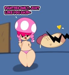 big_thighs bit-fruity black_eyes dialogue disembodied_penis door dripping dripping_cum featureless_feet flat_chest heart mario_(series) mustache_pubic_hair no_nipples panties panties_only pink_hair precum precum_drip text toadette veiny_penis wario