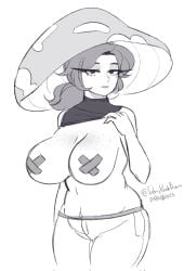 1girls big_breasts crop_top darppunkbravo fanart fanart_from_twitter female freckles fungi_humanoid fungus garp_sand humanoid looking_at_viewer mushroom mushroom_girl mushroom_humanoid no_color original_character ponytail shirt_lift sketch