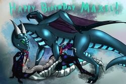 2017 all_fours animal_genitalia animal_penis anthro anthro_on_feral barbed_penis bioluminescence birthday_gift black_fur blue_body claws closed_eyes cum cum_drip cum_leaking cum_on_body cum_on_penis cumshot dragon dripping duo ejaculation erection extreme_french_kiss feral floppy_ears french_kissing frottage fur glowing glowing_eyes green_eyes grey_fur happy hi_res horn hushabye hybrid kissing knot lying male markings mechanical_arm mechanical_tail metal murder_(character) open_mouth orgasm penis prehensile_penis saliva scales scalie sergal sex size_difference smile sting stripes teeth toes tongue tongue_out western_dragon wings yaoi zoophilia