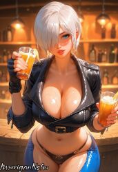 1girls ai_generated angel_(kof) bar black_jacket blue_eyes bottle bottles clothed drink female huge_breasts jacket king_of_fighters lights one_eye_covered panties short_hair sweat table wet white_hair wooden_table