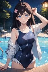 ai_generated big_breasts black_hair blue_eyes brown_hair long_hair medium_breasts pussy sun_rong swimming swimming_pool swimsuit swimwear the_daily_life_of_the_immortal_king