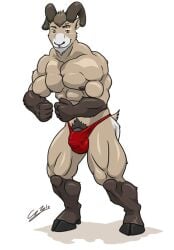 5_fingers abs anthro big_chest big_muscles bighorn_sheep black_hooves bovid broad_shoulders brown_body brown_fur brown_hair bulge caprine cheek_tuft chestnuts_(artist) chin_tuft clothed clothing detailed_bulge eyebrow_piercing facial_piercing facial_tuft fingers fist flexing flexing_bicep flexing_both_biceps fur genital_outline gloves_(marking) hair hooves horn leg_markings looking_at_viewer male mammal markings muscular muscular_anthro muscular_male nipples pecs penis_outline piercing pink_nipples pubes rammy_aaron sheep simple_background smile socks_(marking) solo standing tail tan_body tan_fur thick_neck thick_thighs tuft underwear underwear_only unguligrade white_background white_markings yellow_eyes