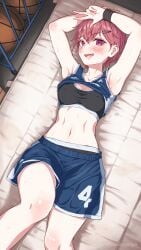 absurdres armpits basketball_uniform black_bra black_panties bra breasts clothes_lift covered_erect_nipples female highres kanikatsuya large_breasts lying on_back original panties panty_peek pink_eyes red_hair shirt_lift short_hair short_shorts shorts solo sports_bra sportswear sweat underwear v