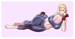 abs barefoot big_breasts cammy_white capcom cleavage crop_top feet female gloves large_breasts lustyshape lying_on_side mature_female milf scar street_fighter street_fighter_6 thick_thighs yoga_pants