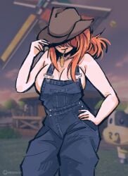 1girls big_breasts cleavage fanart fanart_from_twitter farmgirl female ginger ginger_hair hat huge_breasts megrocks no no_bra orange_hair original_character overalls revealing_clothes salaciouspeachy short_hair tied_hair