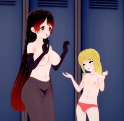 3d 3d_(artwork) casual_nudity changing_room chelsea_(crookedbrook) crookedbrook female_only koikatsu lizzy_(crookedbrook) panties_aside sisters tights topless two_girls