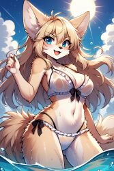 1girls ai_generated anzatiridonia bikini blonde_hair blue_eyes fox_ears fox_girl fox_tail foxgirl furry_female long_hair ocean