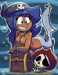 1girls 2017 black_eyes blue_hair bone_necklace bracelet breasts brown_nipples brown_skin dark-skinned_female dark_skin fangs female fins fish_bone hat jurassiczalar long_hair marina_(jurassiczalar) mermaid mermaid_girl mermaid_tail mershark necklace nipples nude pirate pirate_hat ring shark shark_tail skull topless topless_female treasure treasure_chest underwater water