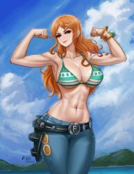 big_breasts bikini bikini_top female female_only jeans kyopink long_hair nami nami_(one_piece) one_piece orange_hair post-timeskip striped_bikini