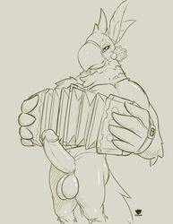 accordion anthro balls big_penis breath_of_the_wild erection kass_(zelda) male male_only monochrome muscular musical_instrument nintendo penis rito smile solo standing the_legend_of_zelda tridark video_games