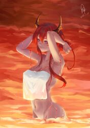 alikcy9 bathing horns large_breasts purple_eyes red_hair surtr_(arknights) towel_only