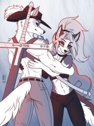 1boy 1boy1girl 1girls anthro anthro_on_anthro black_pants black_shirt canid canine cleft_of_venus crossover crossover_cosplay crossover_pairing crossover_shipping danny_phantom death_(puss_in_boots) dracule_mihawk duo duo_focus ember_mclain feathered_hat female fit fit_female fit_male glowing_eyes grey_fur guitar hat hellhound helluva_boss heresyarts long_hair loona_(helluva_boss) male male/female muscles muscular muscular_male no_humans one_piece ponytail puss_in_boots_(dreamworks) puss_in_boots_the_last_wish red_eyes shirtless shirtless_male shrek_(series) straight sword tank_top topless_male weapon white_fur wolf wolf_boy wolf_ears wolf_girl wolf_tail