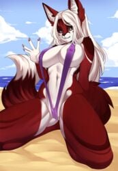 2017 anthro ass big_breasts breasts canine clothed clothing female fox fur hair iwbitu looking_at_viewer mammal naomi_fox nipples pussy red_fur skimpy solo swimsuit white_fur white_hair