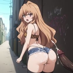 ai_generated aisaka_taiga alley alleyway angry booty_shorts brown_eyes brown_hair cum_on_ass daytime ejaculation fist_clenched graffiti jean_shorts leopard_print leopard_print_bikini looking_at_penis outdoors pervert pervert_male public shocked_expression shopping_bag skimpy skimpy_clothes small_breasts surprise_cumshot thong toradora! unaware upset walking