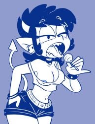 10s 1girl 2018 areola_slip areolae black_hair blue_and_white blue_theme blush bracelet breasts cleavage clothed clothing demon demon_girl demon_tail earrings fangs female female_only hand_in_pocket horn horns jurassiczalar lollipop monochrome navel necklace nipple_bulge nipples olivia_(jurassiczalar) saliva shirt shorts skull_earrings solo solo_female t-shirt tail tongue