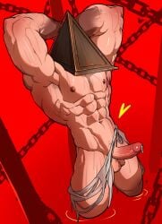 abs arms_behind_head arms_up bara chains erect_penis erection male male_focus male_only monster muscular muscular_male pecs precum pyramid_head restrained ripped_clothing sedo sedo_(usingincognito) silent_hill silent_hill_2 solo solo_male tied_hands usingincognito