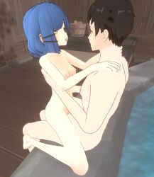 1boy 1girls 3d blue_hair bocchi_the_rock! brown_hair bucket completely_nude cowgirl_position cowgirl_position hair_clips medium_breasts moaning nude onsen petite pussy sex short_hair sitting straddling thighs vaginal_penetration water yamada_ryou yellow_eyes