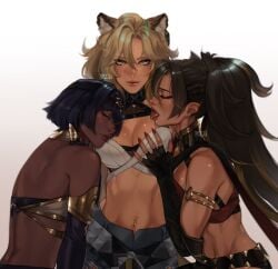 3girls accessory animal_ears blue_hair brown_hair candace_(genshin_impact) closed_eyes clothed clothing dark-skinned_female dark_skin dehya_(genshin_impact) genshin_impact green_eyes hand_on_breast lartart1 lesbian makeup nail_polish nails toned toned_female tongue tongue_out xilonen_(genshin_impact) yuri