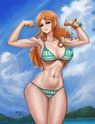 big_breasts bikini female female_only kyopink nami nami_(one_piece) one_piece post-timeskip striped_bikini