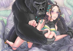 anthro_female ape black_fur bondage_with_feral breasts cleavage climbing clothed clothing duo female_on_feral female_penetrated feral feral_on_anthro feral_on_female feral_penetrating feral_penetrating_anthro feral_penetrating_female footwear forced forced_bestiality forced_undressing fur gorilla grope human human_focus human_on_feral imminent_rape interspecies mammal midriff nature nipples no_bra outside primate size_difference solo_focus under_boob undressing zhean_li zoophilia