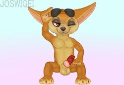 1boy 3_fingers 3_toes animal_genitalia animal_penis anthro balls canine canine_penis disney erection eyewear fennec finnick fox glasses hi_res joswigei male male_only mammal one_eye_closed penis sheath solo sunglasses toes vein veiny_penis wink zootopia