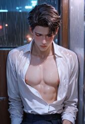 1boy 1male ai_generated clothed_male exposed_chest full_color handsome light_skin male male_focus male_only open_clothes qwerpig wet wet_clothes wet_skin