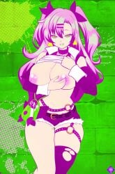 1girls grabbing_own_breast green_eyes large_breasts looking_at_viewer lucky-jj nicole_demara nipples no_bra o-ring o-ring_belt pink_hair revealing_breasts shorts solo solo_female thigh_belt twintails zenless_zone_zero