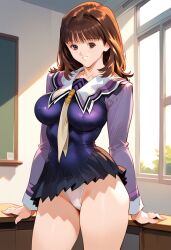 2d ai_generated breasts brown_hair female_focus female_only i"s indoors panties school_uniform skirt smile solo solo_female solo_focus tagme white_panties yoshizuki_iori