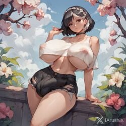 1futa 1futanari ai_generated arushi big_breasts black_eyes black_hair black_shorts bulge choker crop_top crown_braid erect_nipples gigantic_breasts huge_breasts huge_bulge large_breasts light-skinned_futanari light_skin looking_at_viewer medium_hair nipple_outline outdoors penis penis_bulge penis_outline penis_shaped_bulge pink_areola pink_areolae pink_flower pink_nipples see-through shorts testicle_bulge thick_ass thick_hips thick_legs thick_penis thick_thighs torn_clothes torn_shorts touching_hair translucent translucent_clothing twitter_username visible_areolae visible_nipples wardrobe_malfunction white_hair wide_hips