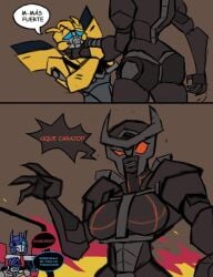 1girls 3boys 3boys1girl angry ass breasts bumblebee_(transformers) curvy medium_ass medium_breasts meme mirage_(transformers) normal optimus_prime scourge smile spanish_text squeezing_neck terrorcon transformers transformers_rise_of_the_beasts